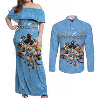 Custom Rugby Southern Hemisphere Couples Matching Off Shoulder Maxi Dress and Long Sleeve Button Shirt Argentina AUNZ South Africa Mascot Blue - Wonder Print Shop