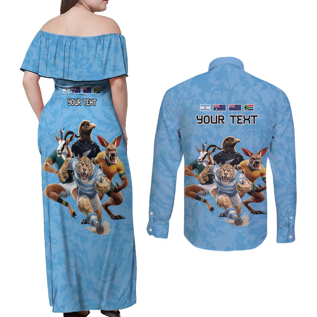 Custom Rugby Southern Hemisphere Couples Matching Off Shoulder Maxi Dress and Long Sleeve Button Shirt Argentina AUNZ South Africa Mascot Blue - Wonder Print Shop