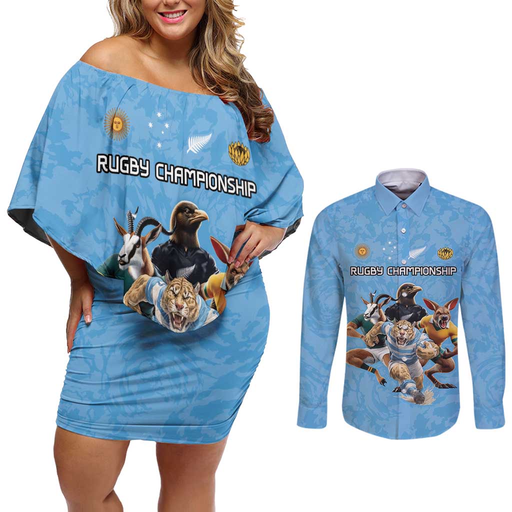 Custom Rugby Southern Hemisphere Couples Matching Off Shoulder Short Dress and Long Sleeve Button Shirt Argentina AUNZ South Africa Mascot Blue - Wonder Print Shop