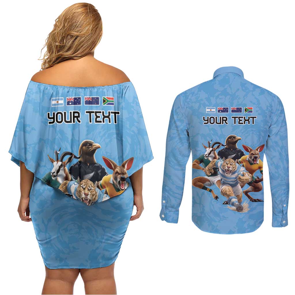 Custom Rugby Southern Hemisphere Couples Matching Off Shoulder Short Dress and Long Sleeve Button Shirt Argentina AUNZ South Africa Mascot Blue - Wonder Print Shop