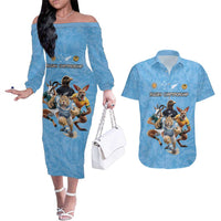 Custom Rugby Southern Hemisphere Couples Matching Off The Shoulder Long Sleeve Dress and Hawaiian Shirt Argentina AUNZ South Africa Mascot Blue - Wonder Print Shop
