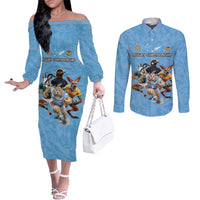 Custom Rugby Southern Hemisphere Couples Matching Off The Shoulder Long Sleeve Dress and Long Sleeve Button Shirt Argentina AUNZ South Africa Mascot Blue - Wonder Print Shop