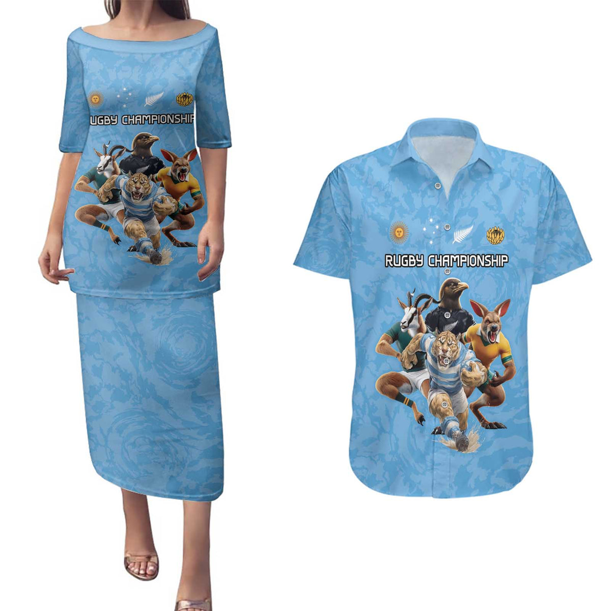Custom Rugby Southern Hemisphere Couples Matching Puletasi and Hawaiian Shirt Argentina AUNZ South Africa Mascot Blue - Wonder Print Shop