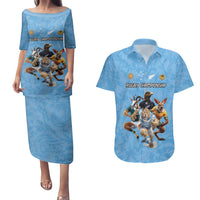 Custom Rugby Southern Hemisphere Couples Matching Puletasi and Hawaiian Shirt Argentina AUNZ South Africa Mascot Blue - Wonder Print Shop