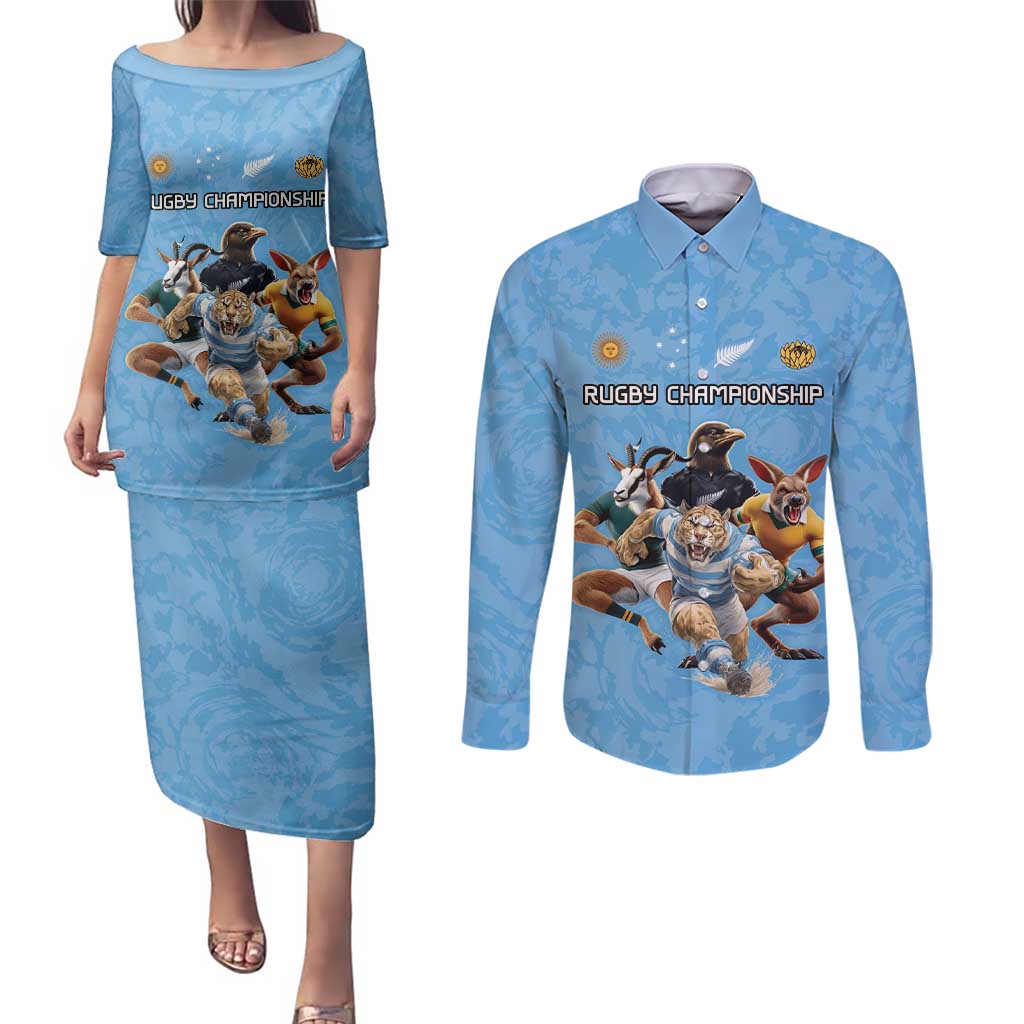 Custom Rugby Southern Hemisphere Couples Matching Puletasi and Long Sleeve Button Shirt Argentina AUNZ South Africa Mascot Blue - Wonder Print Shop