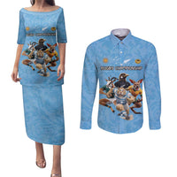Custom Rugby Southern Hemisphere Couples Matching Puletasi and Long Sleeve Button Shirt Argentina AUNZ South Africa Mascot Blue - Wonder Print Shop