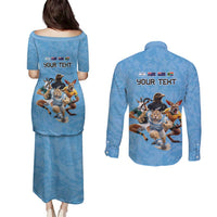 Custom Rugby Southern Hemisphere Couples Matching Puletasi and Long Sleeve Button Shirt Argentina AUNZ South Africa Mascot Blue - Wonder Print Shop