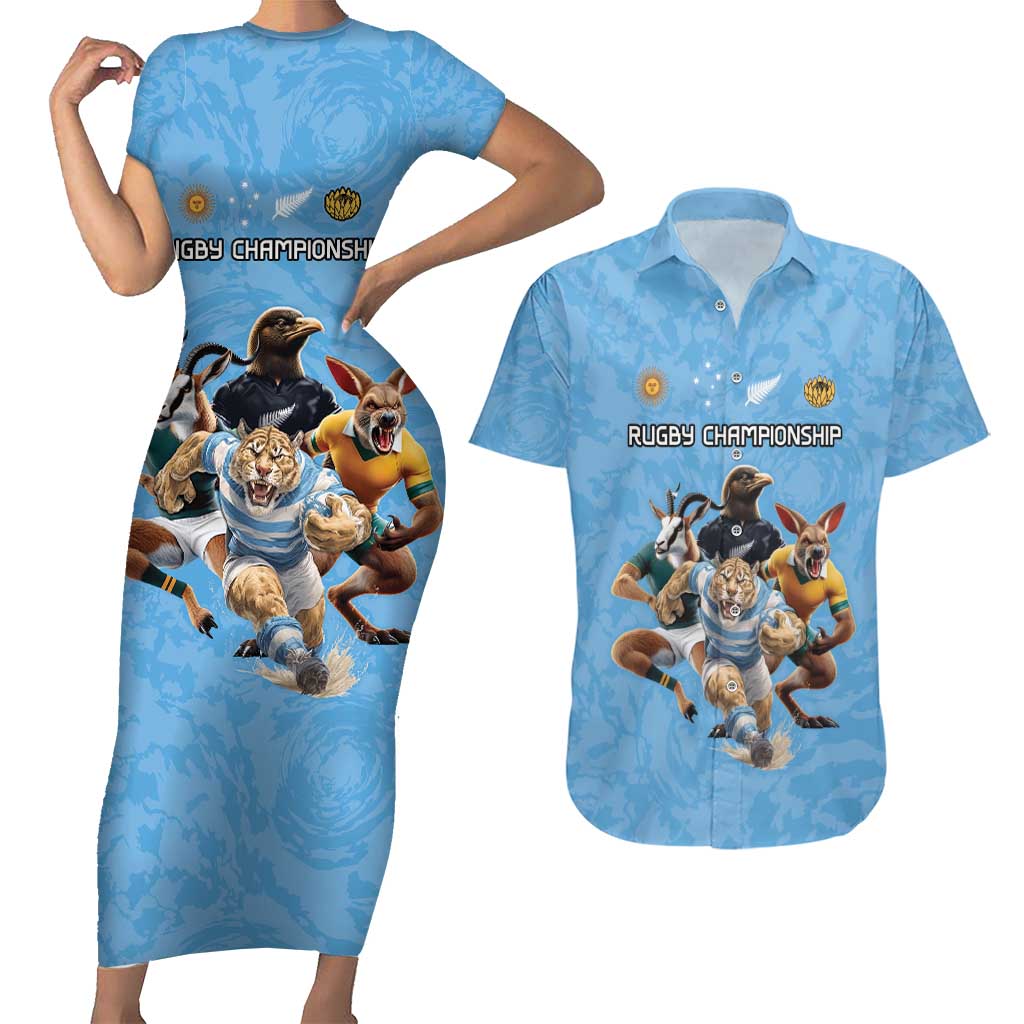 Custom Rugby Southern Hemisphere Couples Matching Short Sleeve Bodycon Dress and Hawaiian Shirt Argentina AUNZ South Africa Mascot Blue - Wonder Print Shop