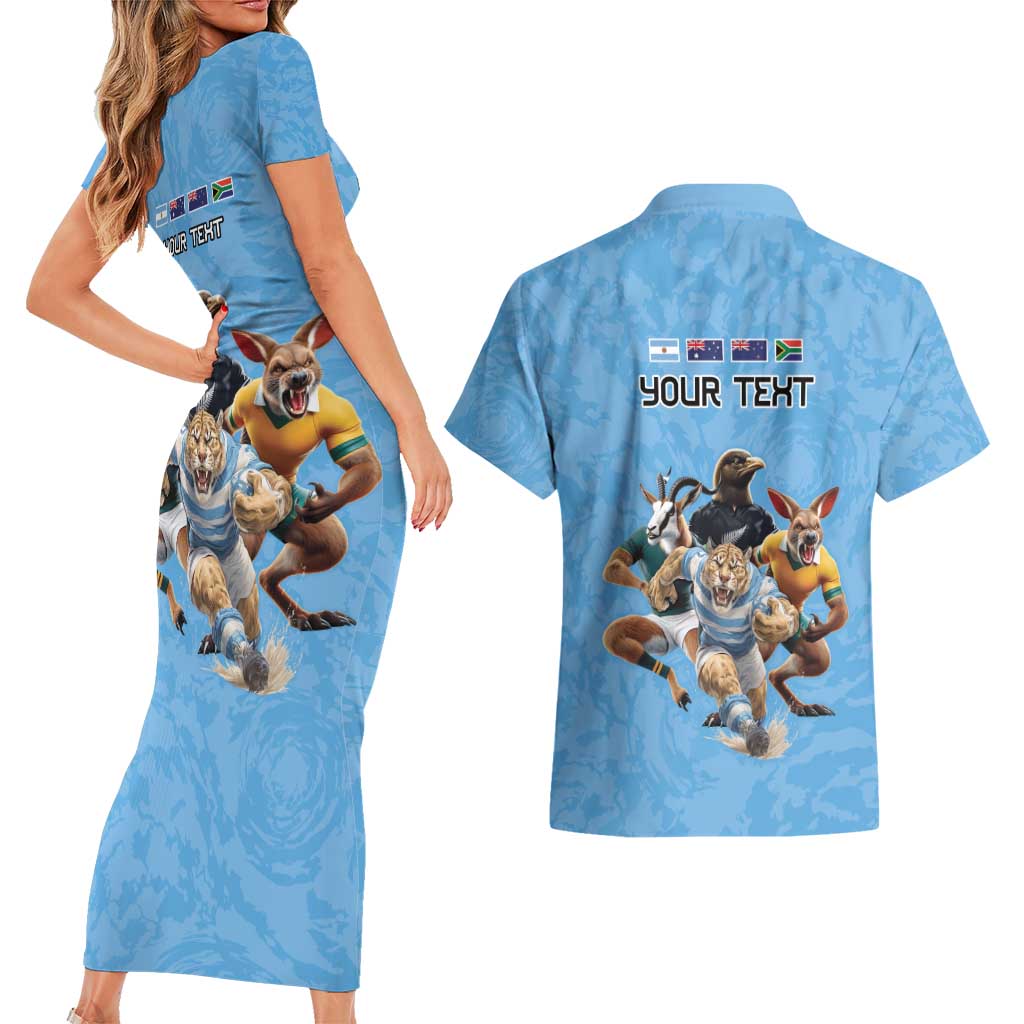 Custom Rugby Southern Hemisphere Couples Matching Short Sleeve Bodycon Dress and Hawaiian Shirt Argentina AUNZ South Africa Mascot Blue - Wonder Print Shop