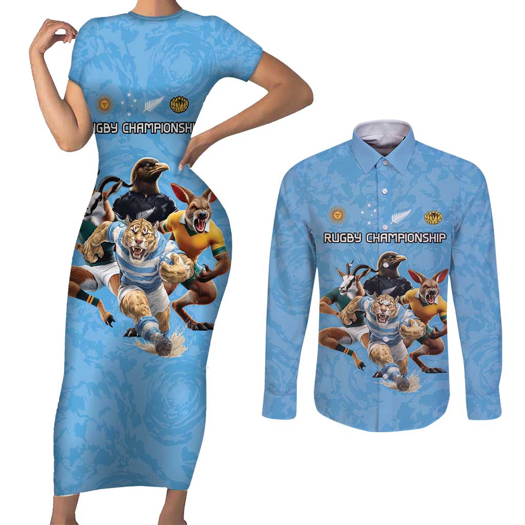 Custom Rugby Southern Hemisphere Couples Matching Short Sleeve Bodycon Dress and Long Sleeve Button Shirt Argentina AUNZ South Africa Mascot Blue - Wonder Print Shop