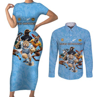 Custom Rugby Southern Hemisphere Couples Matching Short Sleeve Bodycon Dress and Long Sleeve Button Shirt Argentina AUNZ South Africa Mascot Blue - Wonder Print Shop