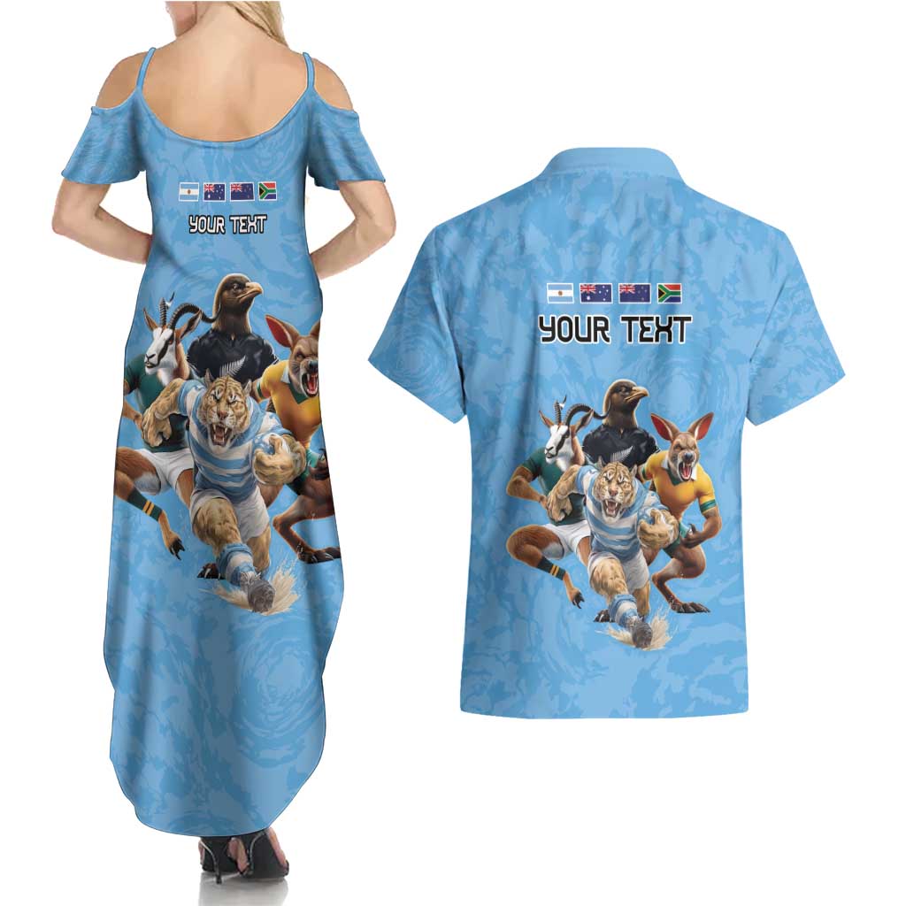 Custom Rugby Southern Hemisphere Couples Matching Summer Maxi Dress and Hawaiian Shirt Argentina AUNZ South Africa Mascot Blue - Wonder Print Shop