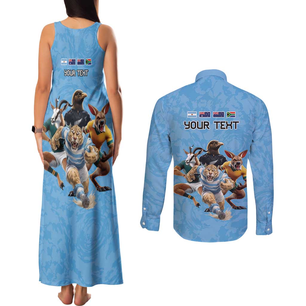 Custom Rugby Southern Hemisphere Couples Matching Tank Maxi Dress and Long Sleeve Button Shirt Argentina AUNZ South Africa Mascot Blue - Wonder Print Shop
