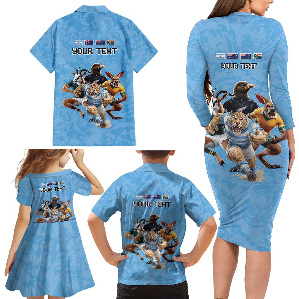 Custom Rugby Southern Hemisphere Family Matching Long Sleeve Bodycon Dress and Hawaiian Shirt Argentina AUNZ South Africa Mascot Blue - Wonder Print Shop