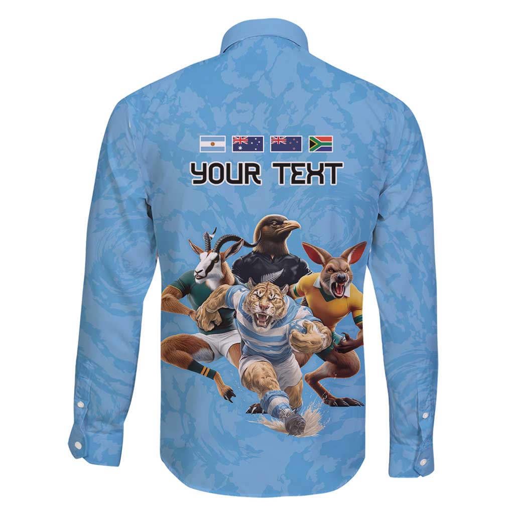 Custom Rugby Southern Hemisphere Family Matching Long Sleeve Bodycon Dress and Hawaiian Shirt Argentina AUNZ South Africa Mascot Blue - Wonder Print Shop
