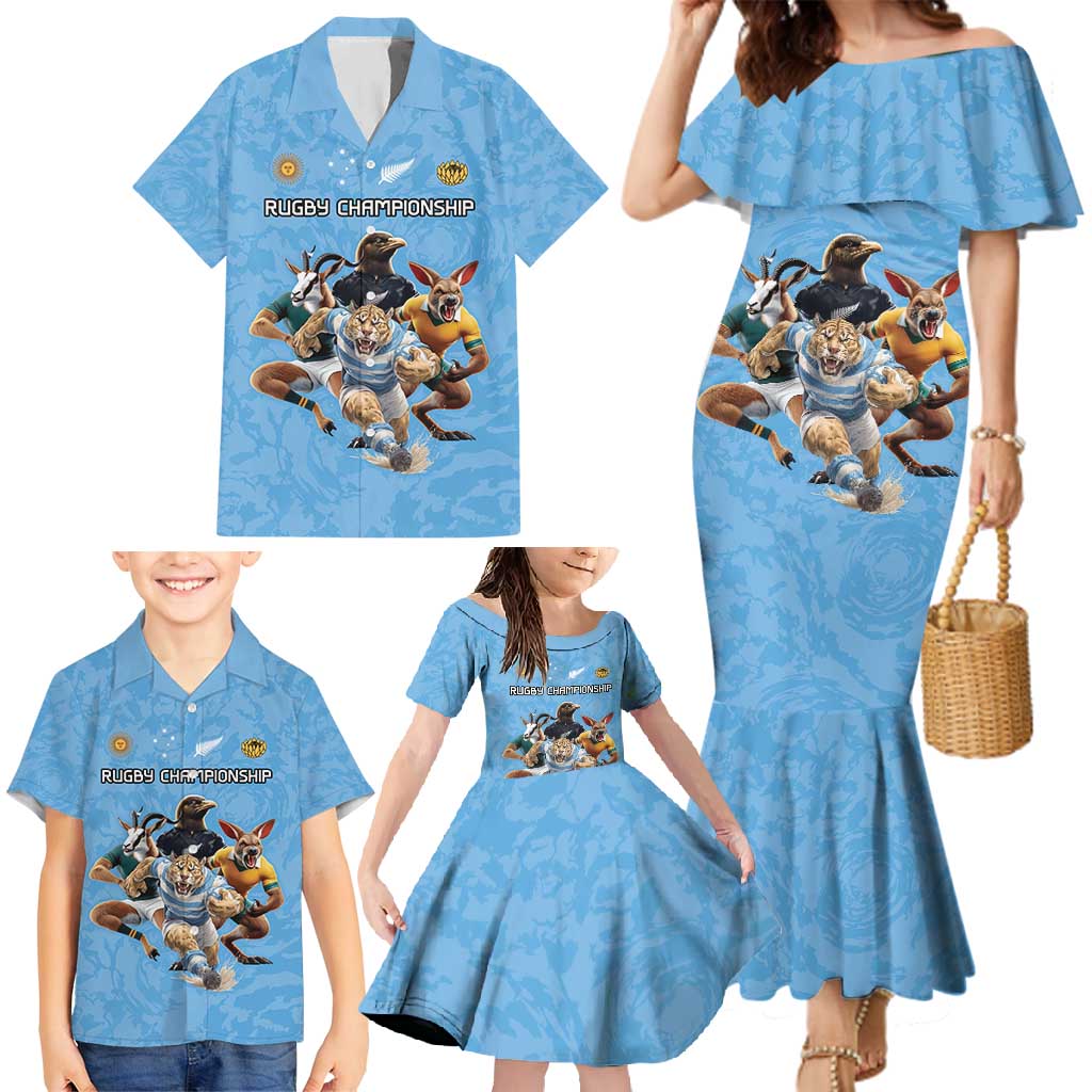Custom Rugby Southern Hemisphere Family Matching Mermaid Dress and Hawaiian Shirt Argentina AUNZ South Africa Mascot Blue - Wonder Print Shop