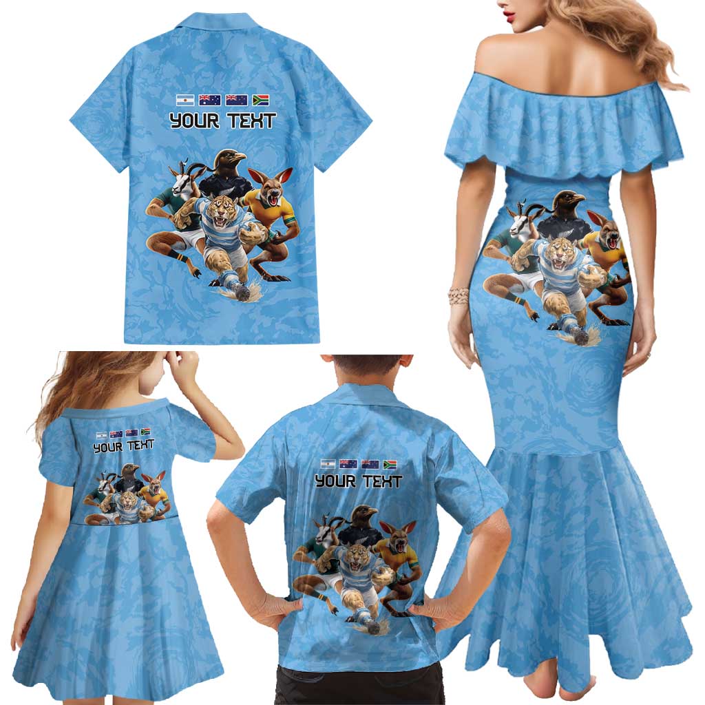 Custom Rugby Southern Hemisphere Family Matching Mermaid Dress and Hawaiian Shirt Argentina AUNZ South Africa Mascot Blue - Wonder Print Shop