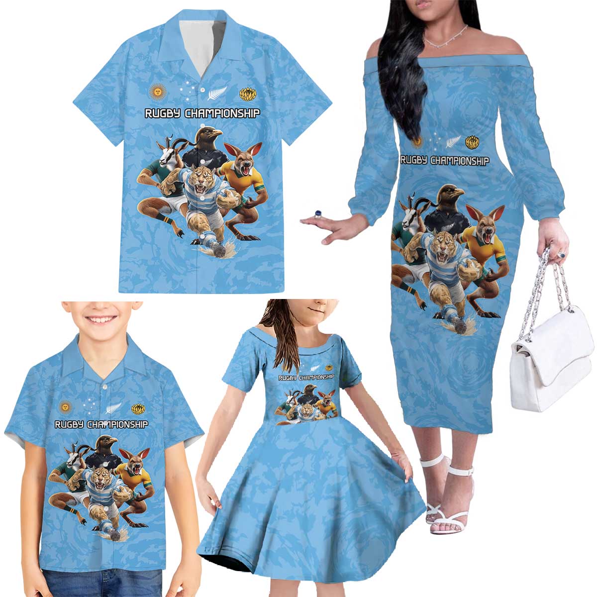 Custom Rugby Southern Hemisphere Family Matching Off The Shoulder Long Sleeve Dress and Hawaiian Shirt Argentina AUNZ South Africa Mascot Blue - Wonder Print Shop