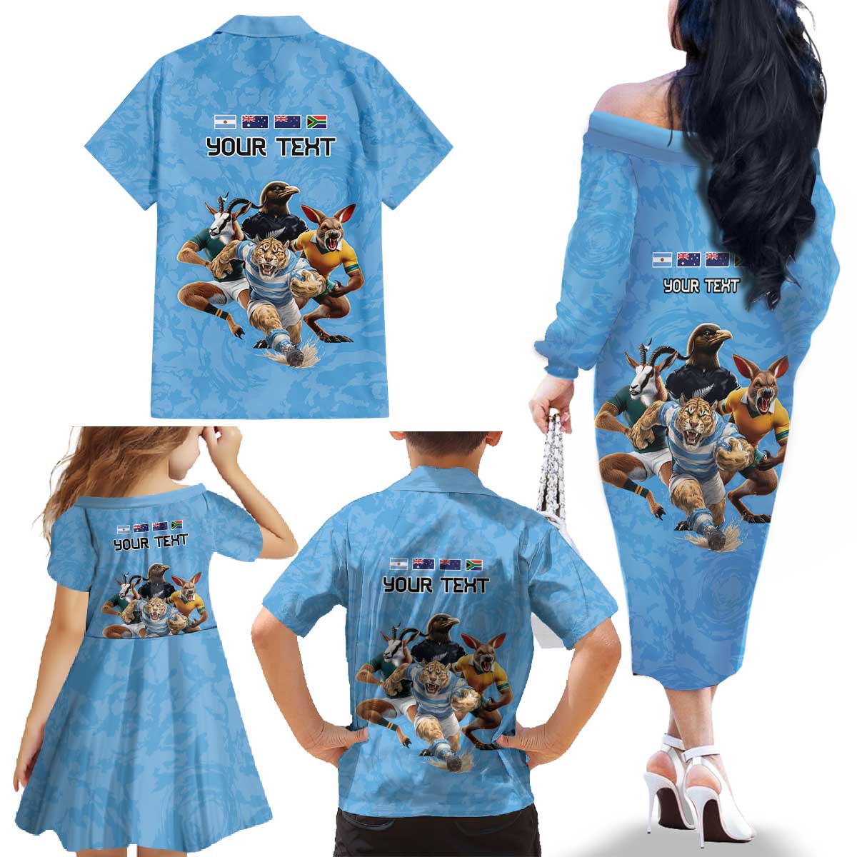 Custom Rugby Southern Hemisphere Family Matching Off The Shoulder Long Sleeve Dress and Hawaiian Shirt Argentina AUNZ South Africa Mascot Blue - Wonder Print Shop