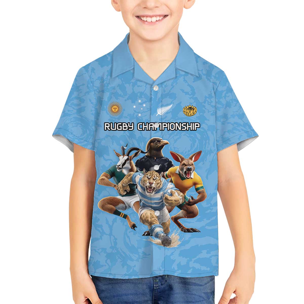 Custom Rugby Southern Hemisphere Family Matching Off The Shoulder Long Sleeve Dress and Hawaiian Shirt Argentina AUNZ South Africa Mascot Blue - Wonder Print Shop