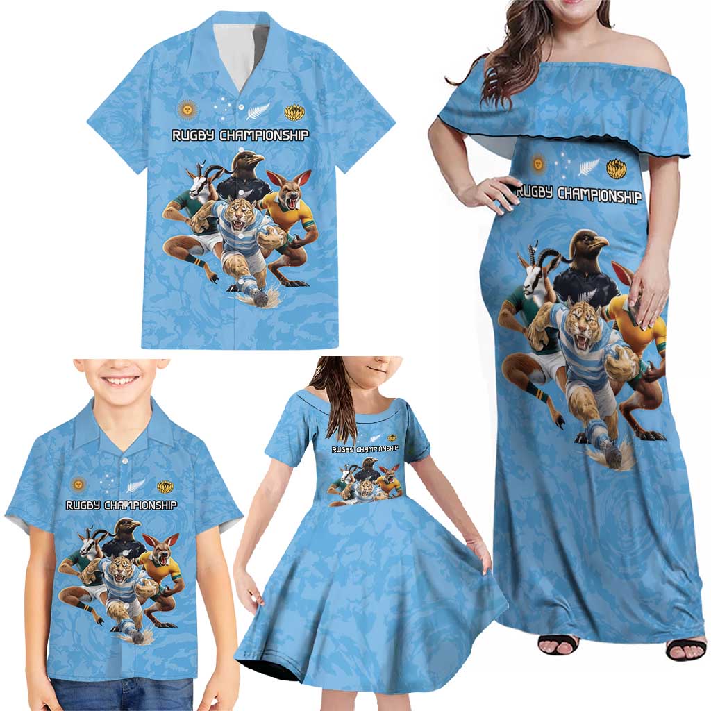 Custom Rugby Southern Hemisphere Family Matching Off Shoulder Maxi Dress and Hawaiian Shirt Argentina AUNZ South Africa Mascot Blue - Wonder Print Shop