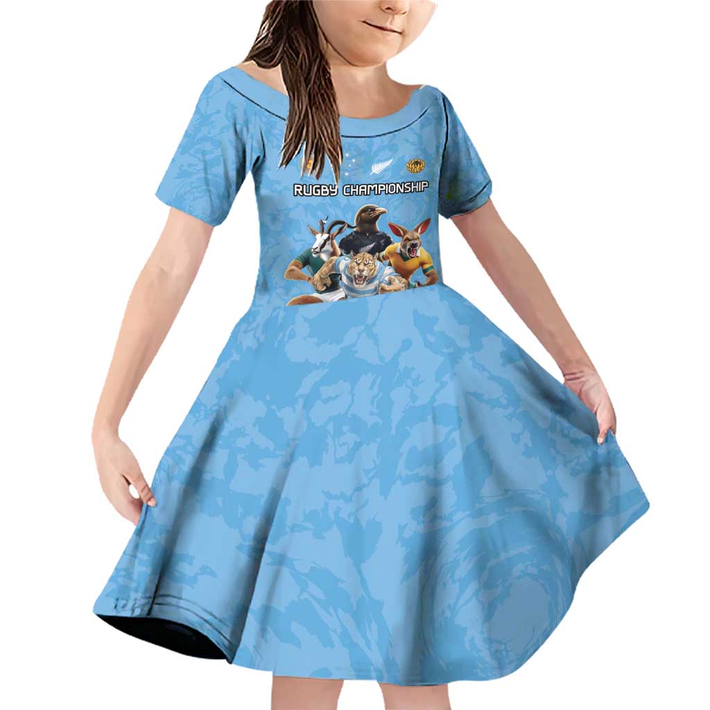 Custom Rugby Southern Hemisphere Family Matching Off Shoulder Short Dress and Hawaiian Shirt Argentina AUNZ South Africa Mascot Blue - Wonder Print Shop