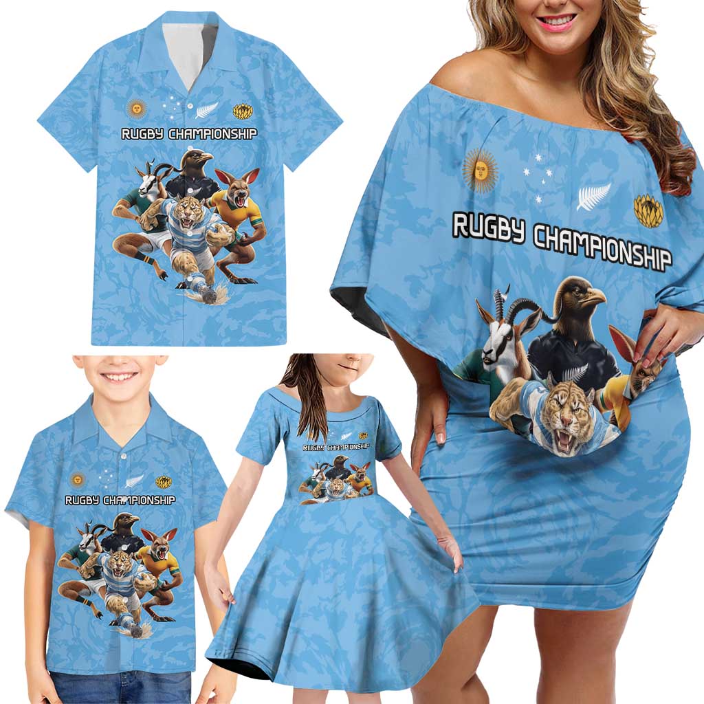 Custom Rugby Southern Hemisphere Family Matching Off Shoulder Short Dress and Hawaiian Shirt Argentina AUNZ South Africa Mascot Blue - Wonder Print Shop