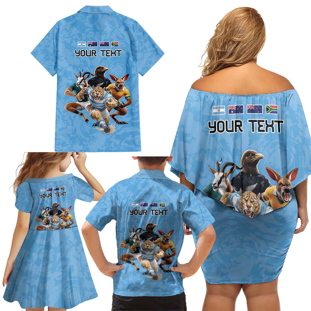 Custom Rugby Southern Hemisphere Family Matching Off Shoulder Short Dress and Hawaiian Shirt Argentina AUNZ South Africa Mascot Blue - Wonder Print Shop