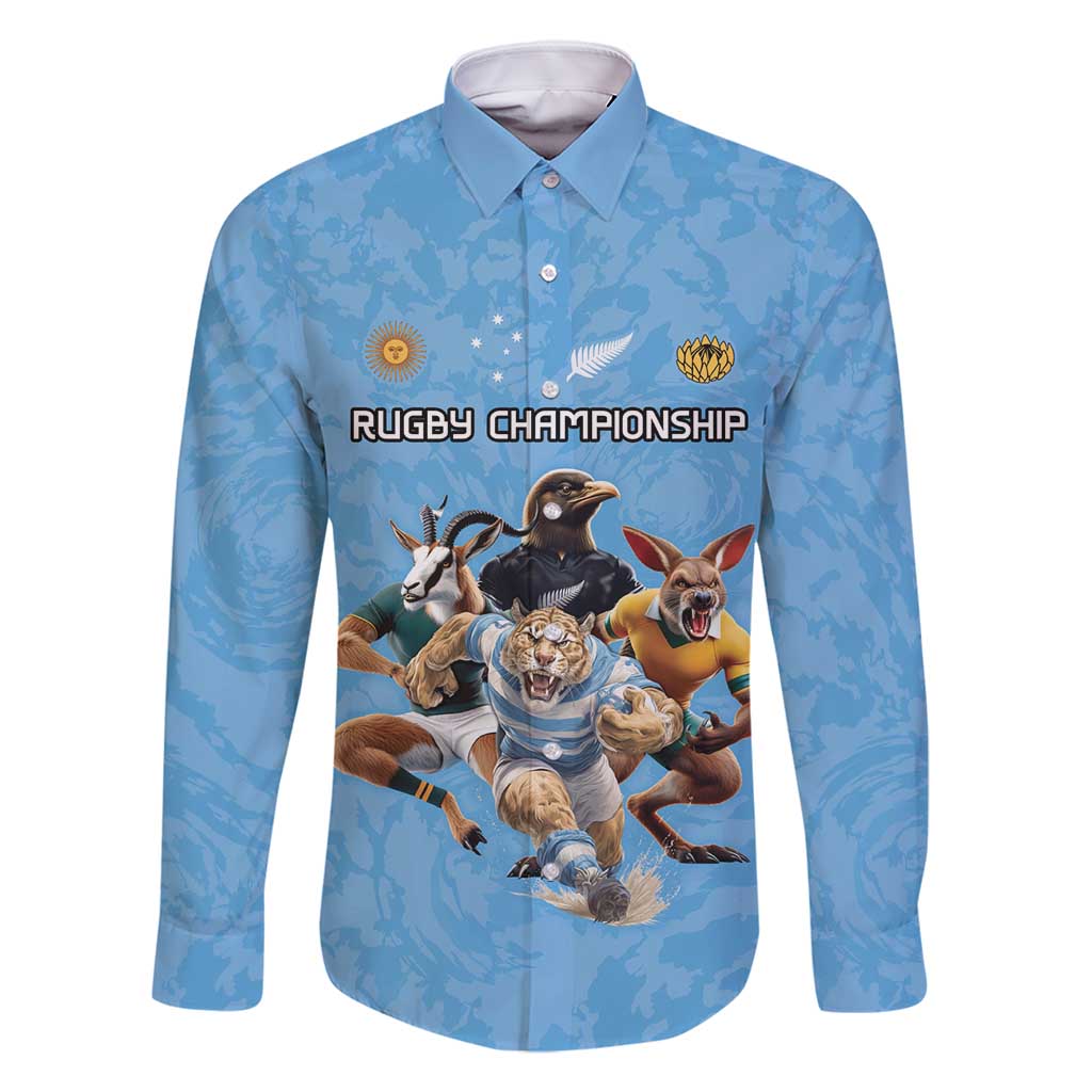 Custom Rugby Southern Hemisphere Family Matching Off Shoulder Short Dress and Hawaiian Shirt Argentina AUNZ South Africa Mascot Blue - Wonder Print Shop