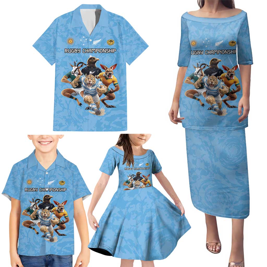 Custom Rugby Southern Hemisphere Family Matching Puletasi and Hawaiian Shirt Argentina AUNZ South Africa Mascot Blue - Wonder Print Shop