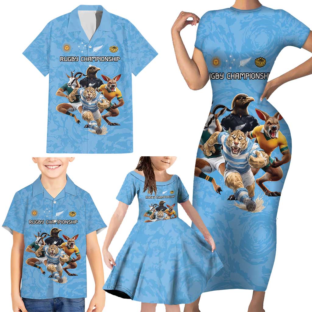 Custom Rugby Southern Hemisphere Family Matching Short Sleeve Bodycon Dress and Hawaiian Shirt Argentina AUNZ South Africa Mascot Blue - Wonder Print Shop