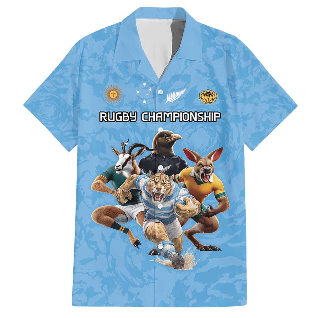 Custom Rugby Southern Hemisphere Family Matching Short Sleeve Bodycon Dress and Hawaiian Shirt Argentina AUNZ South Africa Mascot Blue - Wonder Print Shop