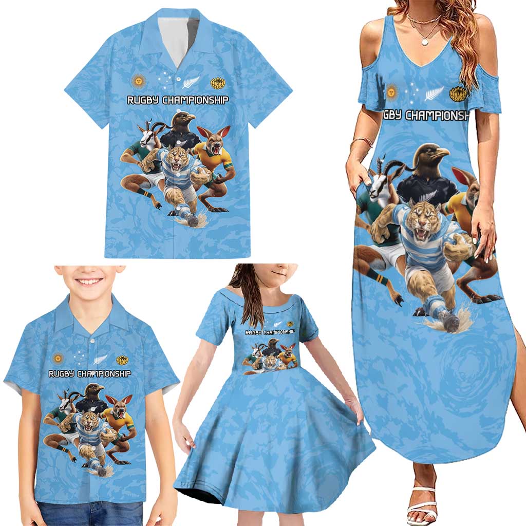 Custom Rugby Southern Hemisphere Family Matching Summer Maxi Dress and Hawaiian Shirt Argentina AUNZ South Africa Mascot Blue - Wonder Print Shop