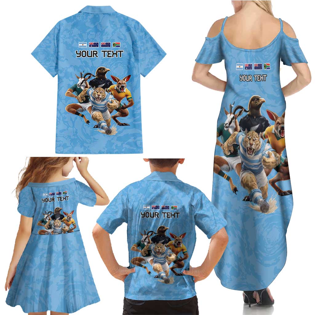 Custom Rugby Southern Hemisphere Family Matching Summer Maxi Dress and Hawaiian Shirt Argentina AUNZ South Africa Mascot Blue - Wonder Print Shop