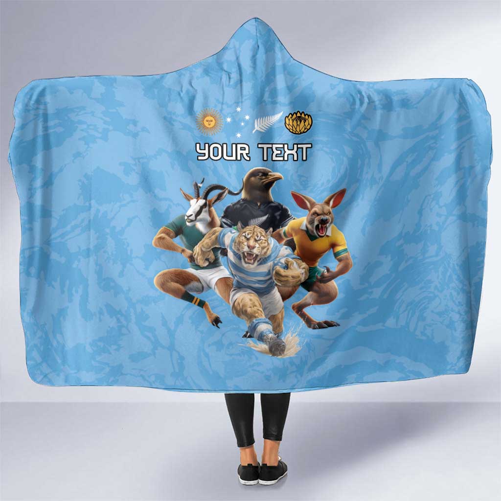 Custom Rugby Southern Hemisphere Hooded Blanket Argentina AUNZ South Africa Mascot Blue - Wonder Print Shop