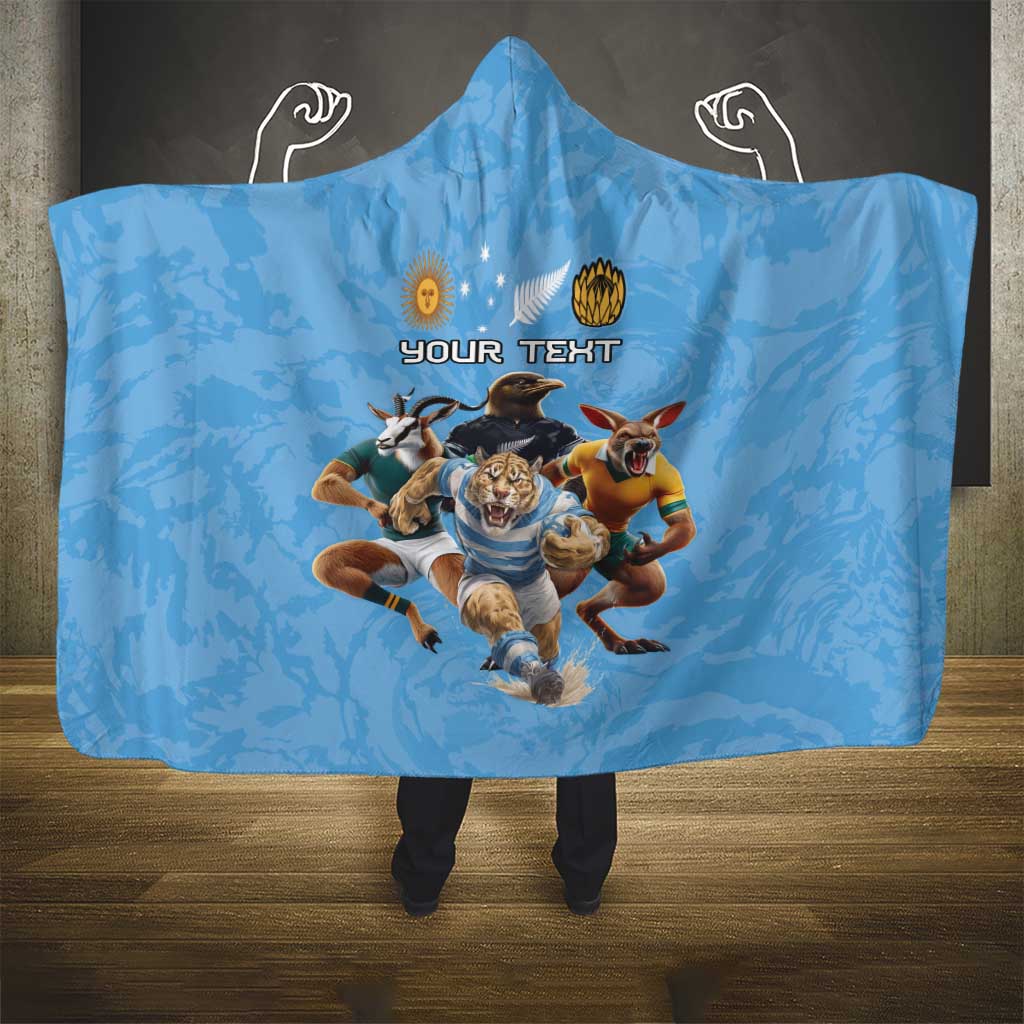 Custom Rugby Southern Hemisphere Hooded Blanket Argentina AUNZ South Africa Mascot Blue - Wonder Print Shop