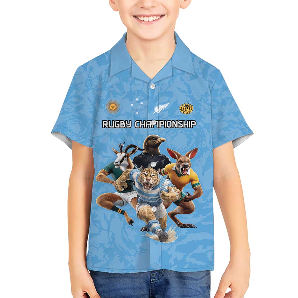 Custom Rugby Southern Hemisphere Kid Hawaiian Shirt Argentina AUNZ South Africa Mascot Blue - Wonder Print Shop