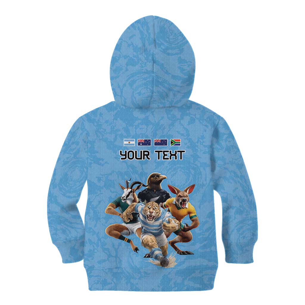 Custom Rugby Southern Hemisphere Kid Hoodie Argentina AUNZ South Africa Mascot Blue - Wonder Print Shop