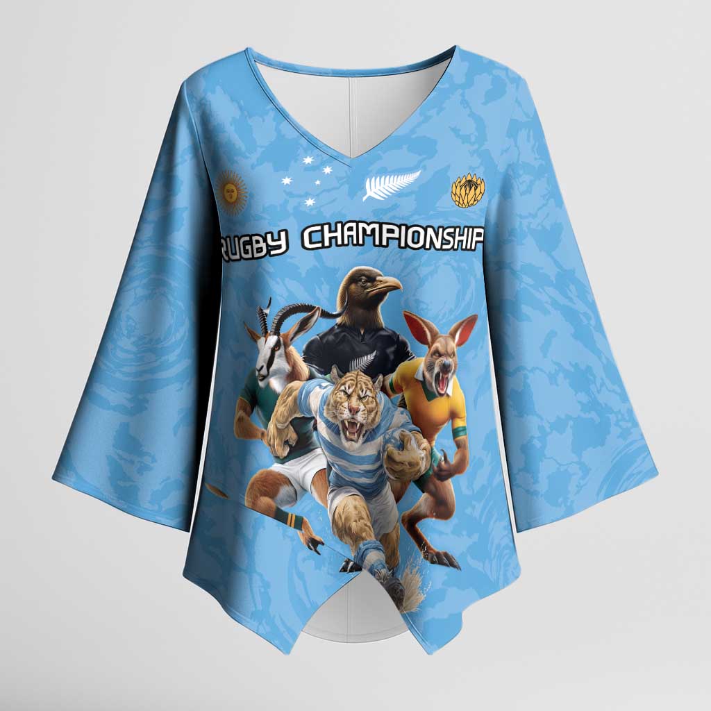 Custom Rugby Southern Hemisphere Kimono Sleeve Blouse Argentina AUNZ South Africa Mascot Blue - Wonder Print Shop