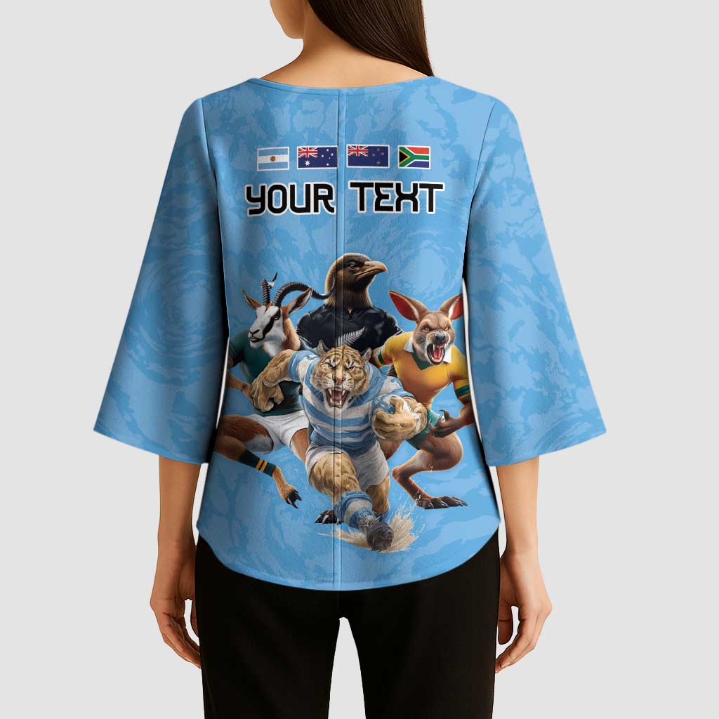 Custom Rugby Southern Hemisphere Kimono Sleeve Blouse Argentina AUNZ South Africa Mascot Blue - Wonder Print Shop