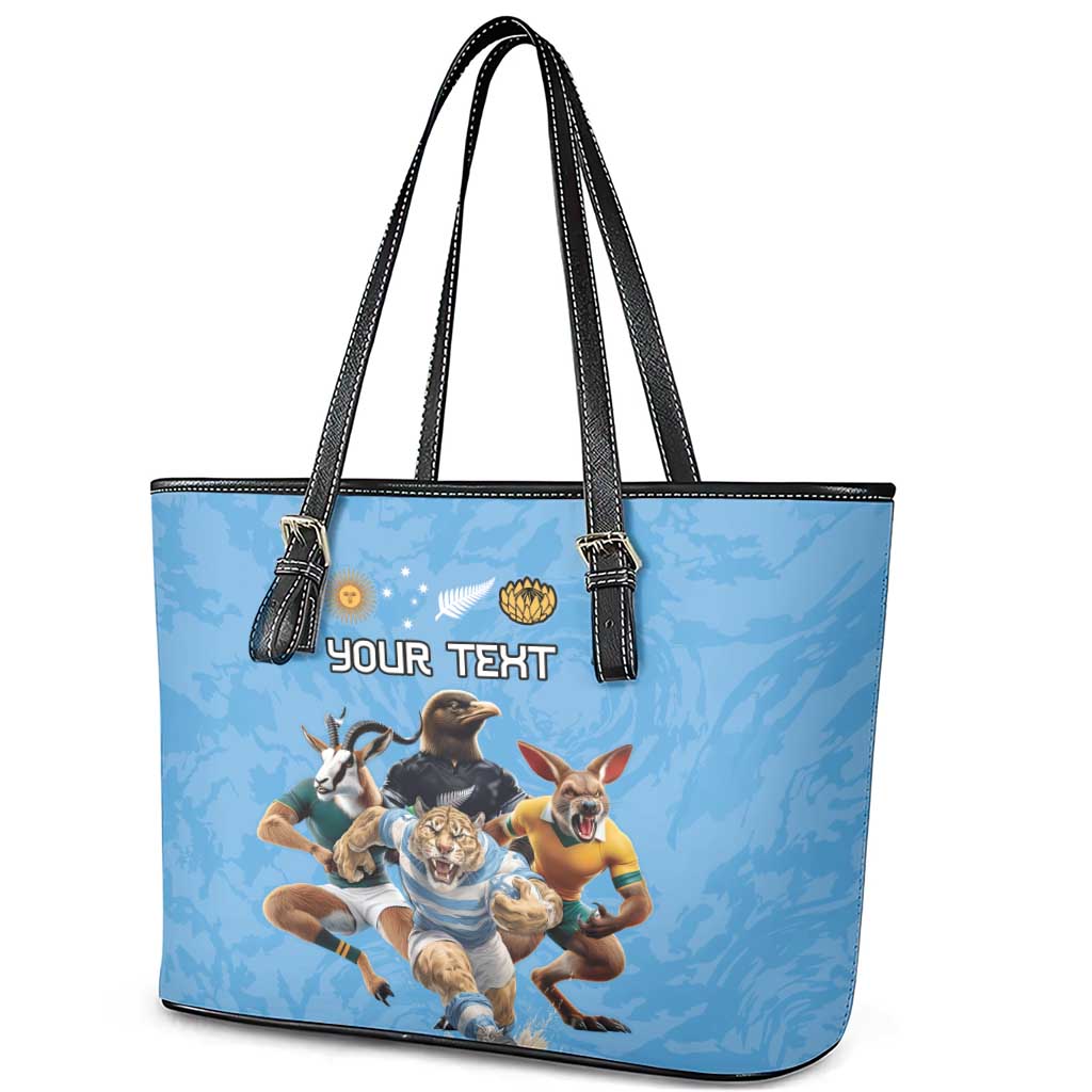 Custom Rugby Southern Hemisphere Leather Tote Bag Argentina AUNZ South Africa Mascot Blue - Wonder Print Shop