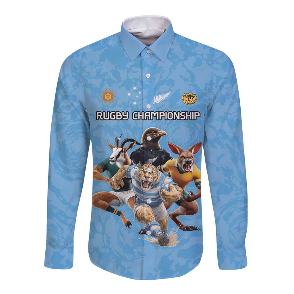 Custom Rugby Southern Hemisphere Long Sleeve Button Shirt Argentina AUNZ South Africa Mascot Blue - Wonder Print Shop