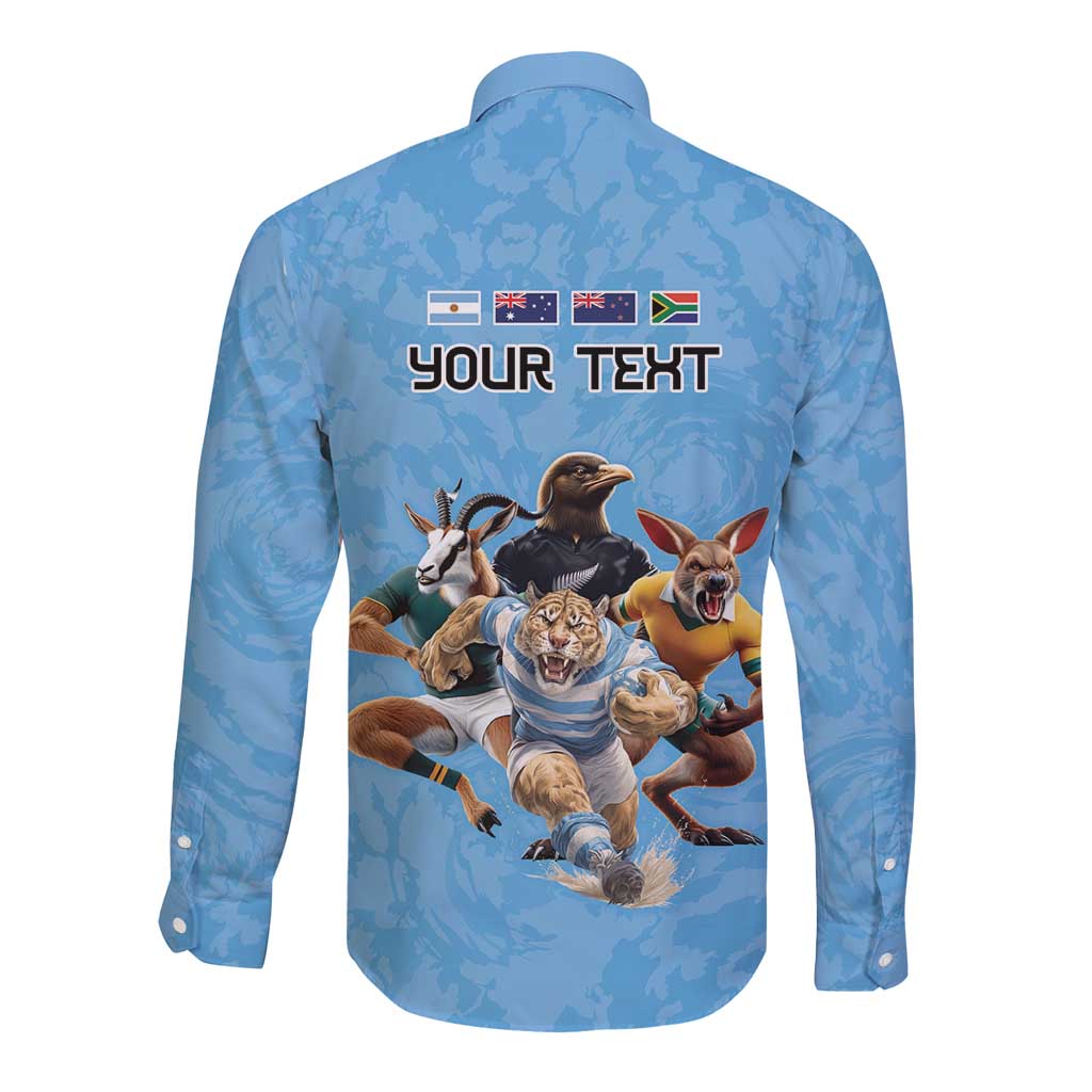 Custom Rugby Southern Hemisphere Long Sleeve Button Shirt Argentina AUNZ South Africa Mascot Blue - Wonder Print Shop