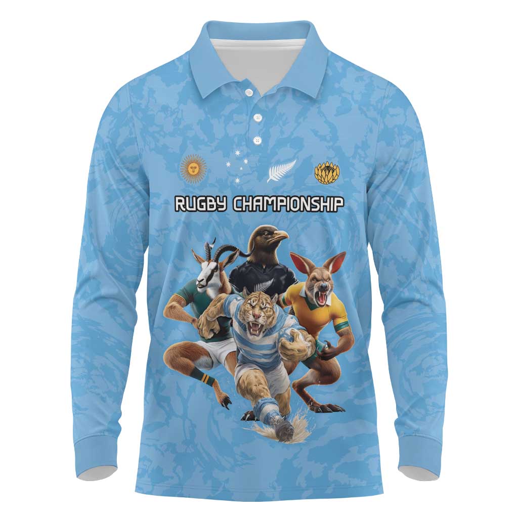 Custom Rugby Southern Hemisphere Long Sleeve Polo Shirt Argentina AUNZ South Africa Mascot Blue - Wonder Print Shop