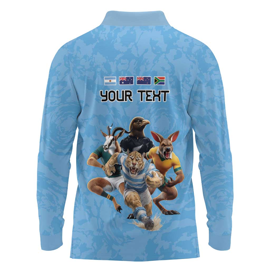 Custom Rugby Southern Hemisphere Long Sleeve Polo Shirt Argentina AUNZ South Africa Mascot Blue - Wonder Print Shop