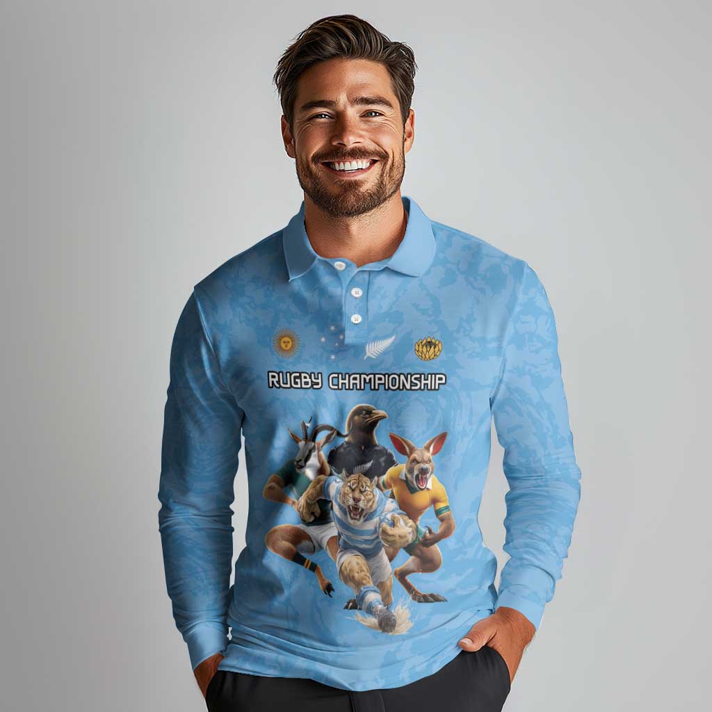 Custom Rugby Southern Hemisphere Long Sleeve Polo Shirt Argentina AUNZ South Africa Mascot Blue - Wonder Print Shop