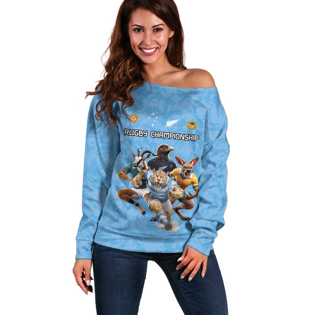Custom Rugby Southern Hemisphere Off Shoulder Sweater Argentina AUNZ South Africa Mascot Blue - Wonder Print Shop