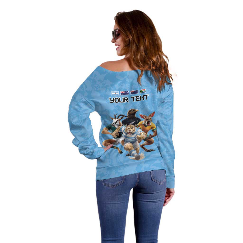 Custom Rugby Southern Hemisphere Off Shoulder Sweater Argentina AUNZ South Africa Mascot Blue - Wonder Print Shop