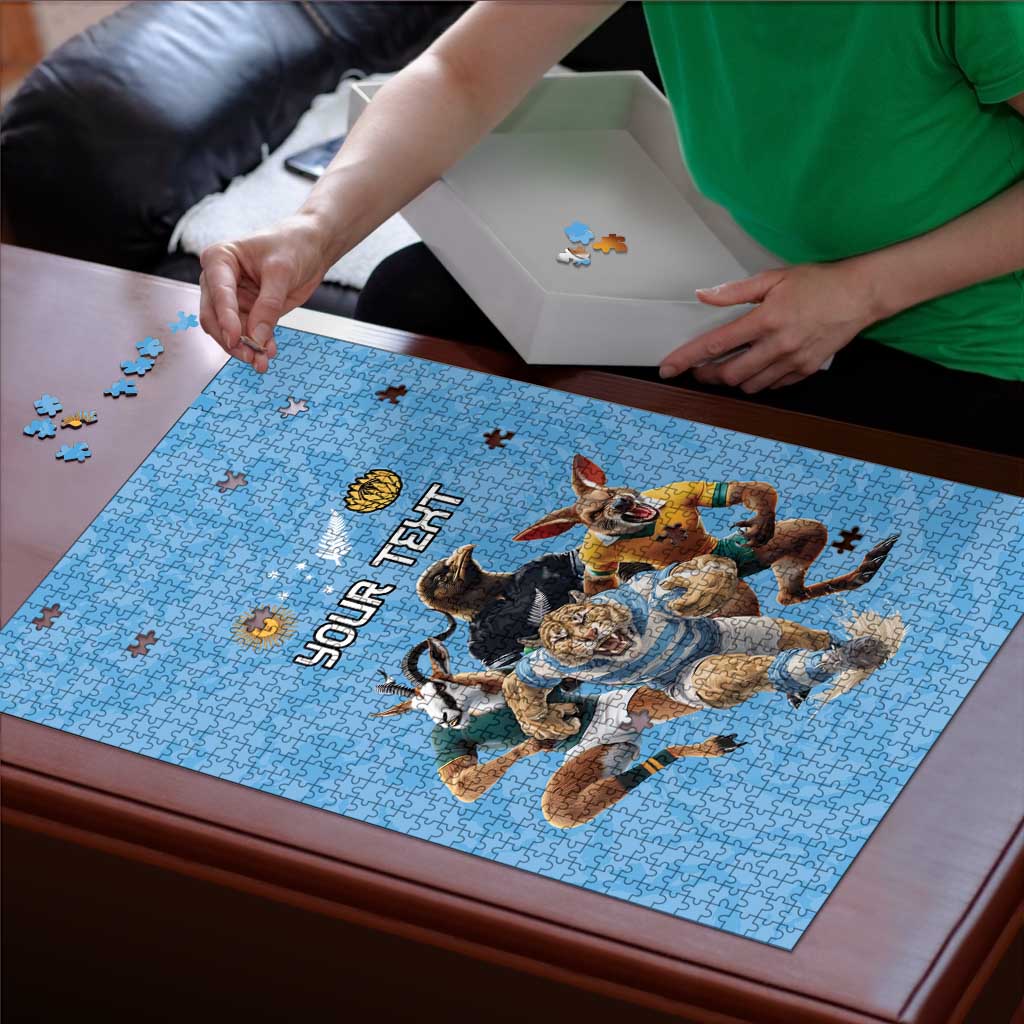 Custom Rugby Southern Hemisphere Puzzle Argentina AUNZ South Africa Mascot Blue - Wonder Print Shop