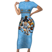Custom Rugby Southern Hemisphere Short Sleeve Bodycon Dress Argentina AUNZ South Africa Mascot Blue - Wonder Print Shop